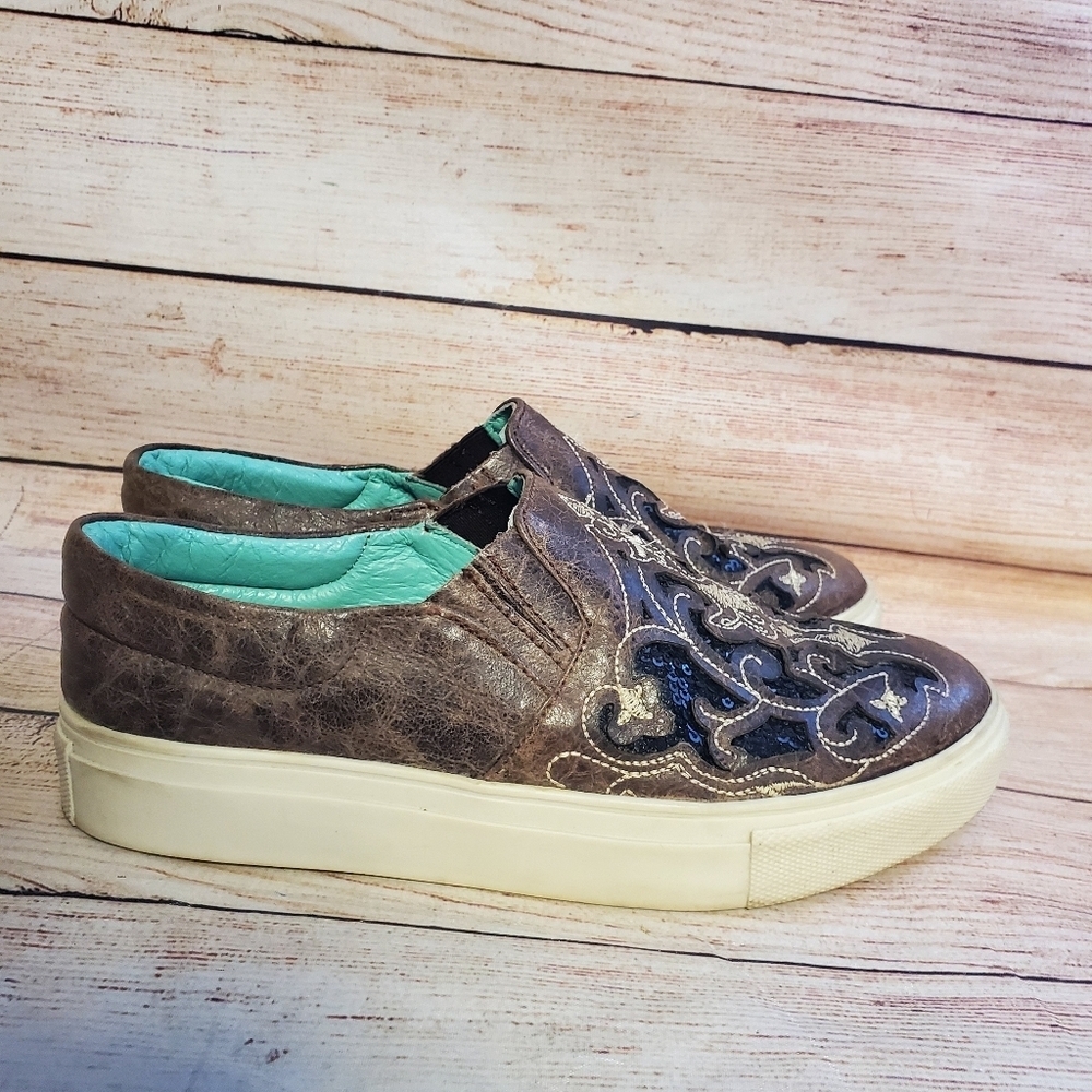 Corral Womens size 6.5 Brown with Black Sequin Inlay & Embroidery Sneakers E1560 - Picture 6 of 12